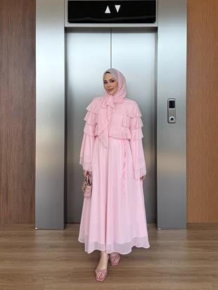Şallı Kuşaklı Şifon Elbise Pembe