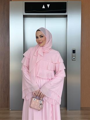 Şallı Kuşaklı Şifon Elbise Pembe