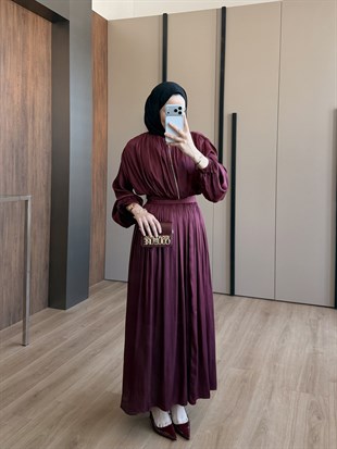 Saten Fermuarlı Etekli Takım Bordo
