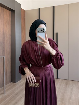 Saten Fermuarlı Etekli Takım Bordo