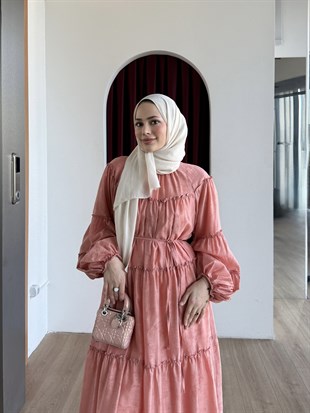 Şerit Detaylı Poplin Elbise Kiremit