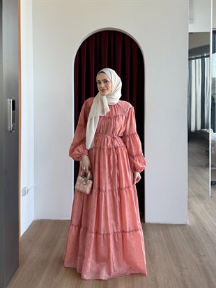 Şerit Detaylı Poplin Elbise Kiremit