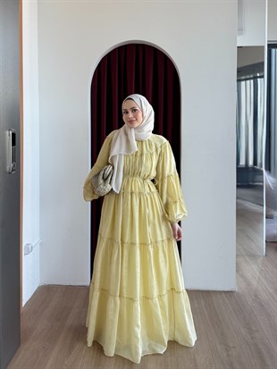 Şerit Detaylı Poplin Elbise Sarı