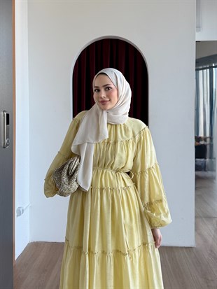 Şerit Detaylı Poplin Elbise Sarı