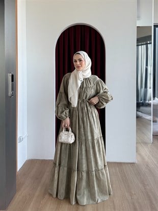 Şerit Detaylı Poplin Elbise Yeşil