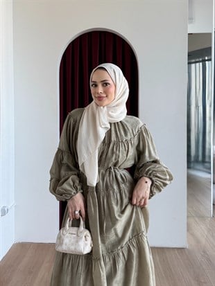 Şerit Detaylı Poplin Elbise Yeşil