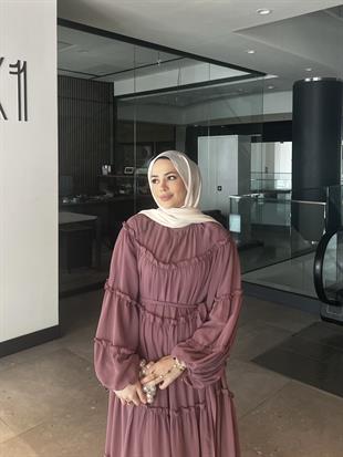 Şeritli Şifon Elbise Gül Kırmızı