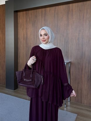 Şeritli Şifon Pantolon Takım Mürdüm