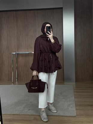 Simli İnce Tensel Balon Ceket Bordo