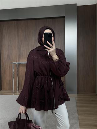 Simli İnce Tensel Balon Ceket Bordo