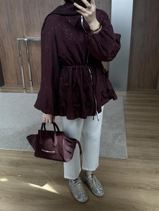 Simli İnce Tensel Balon Ceket Bordo