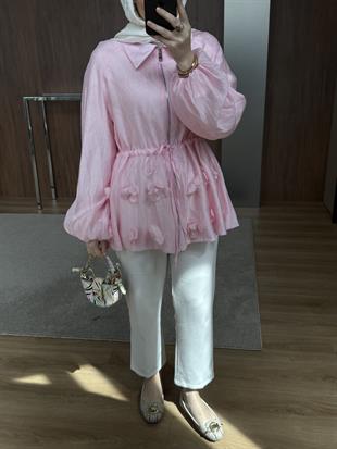 Simli İnce Tensel Balon Ceket Pembe