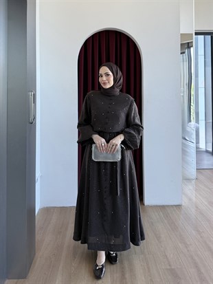 Simli Taşlı Organze Elbise Kahverengi