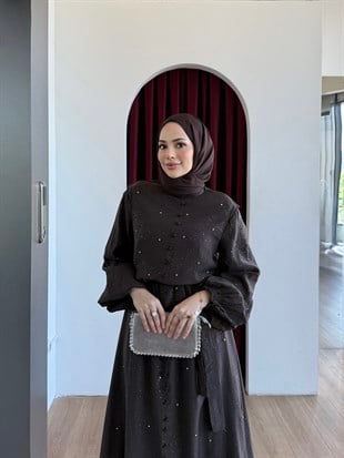 Simli Taşlı Organze Elbise Kahverengi