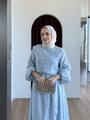 Simli Taşlı Organze Elbise Mavi