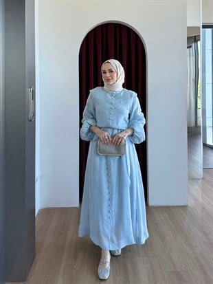 Simli Taşlı Organze Elbise Mavi