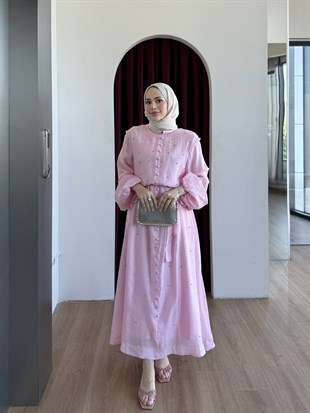 Simli Taşlı Organze Elbise Pembe