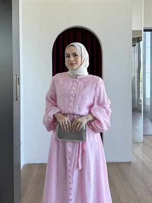Simli Taşlı Organze Elbise Pembe