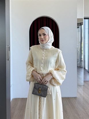 Simli Taşlı Organze Elbise Sarı