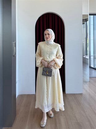 Simli Taşlı Organze Elbise Sarı