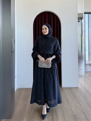 Simli Taşlı Organze Elbise Lacivert