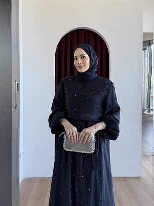 Simli Taşlı Organze Elbise Lacivert