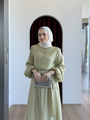 Simli Taşlı Organze Elbise Yeşil