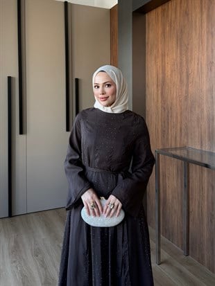 Taş Detaylı Vual Elbise Kahve