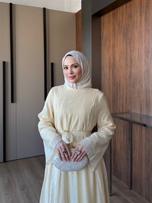 Taş Detaylı Vual Elbise Sarı