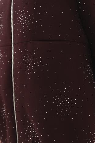 Taşlı Fermuarlı Pantolon Takım Bordo