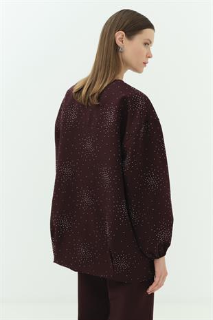 Taşlı Fermuarlı Pantolon Takım Bordo