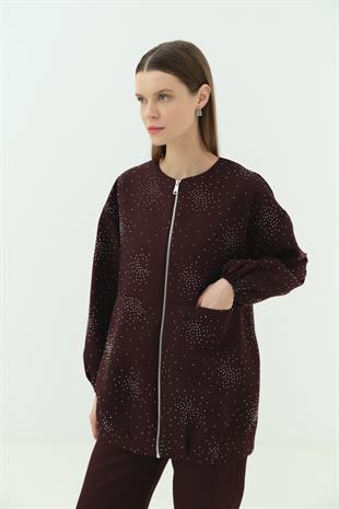 Taşlı Fermuarlı Pantolon Takım Bordo