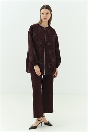 Taşlı Fermuarlı Pantolon Takım Bordo