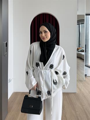 Taşlı Krep Takım Beyaz