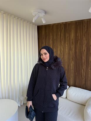 Üç İplik Taşlı Kürklü Takım Lacivert 
