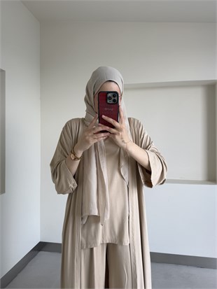 Uzun Kimono Detaylı Üçlü Takım Bej 