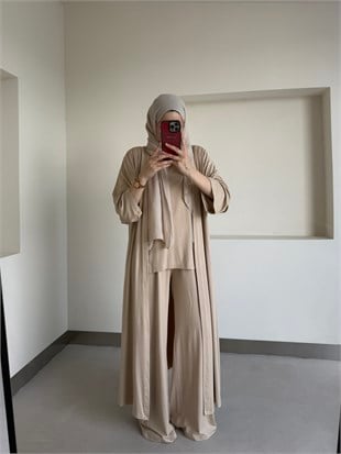Uzun Kimono Detaylı Üçlü Takım Bej 