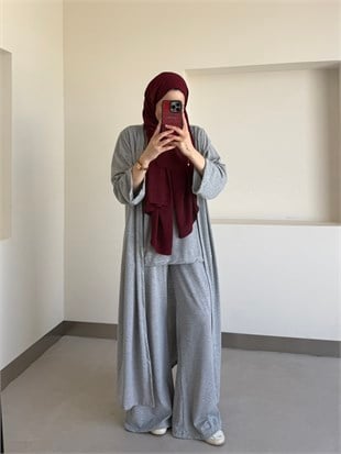 Uzun Kimono Detaylı Üçlü Takım Antrasit