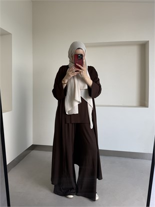 Uzun Kimono Detaylı Üçlü Takım