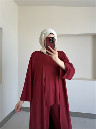 Uzun Kimono Detaylı Üçlü Takım Kırmızı