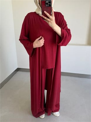 Uzun Kimono Detaylı Üçlü Takım Kırmızı