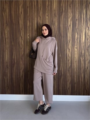Uzun Sweatshirtlü Rahat İkili Takım Vizon 