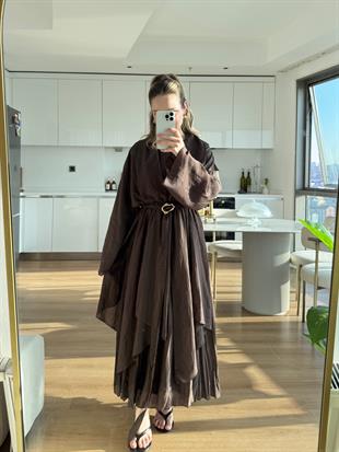 Volan Detaylı Vual Elbise Kahverengi