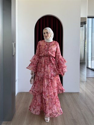 Volanlı Desenli Şifon Elbise Pembe