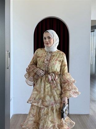 Volanlı Desenli Şifon Elbise Sarı
