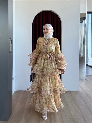 Volanlı Desenli Şifon Elbise Sarı