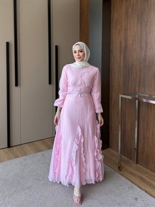 Volanlı Kemerli Elbise Pembe
