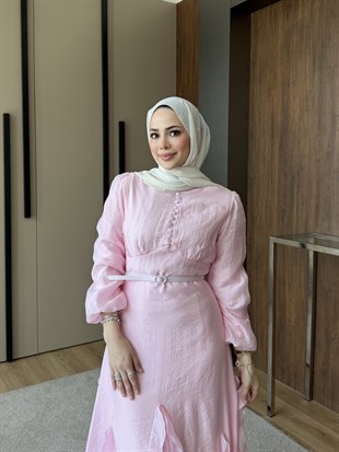 Volanlı Kemerli Elbise Pembe
