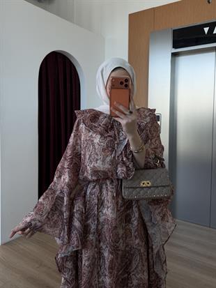 Yarasa Kol Desenli Şifon Elbise Gül Kurusu