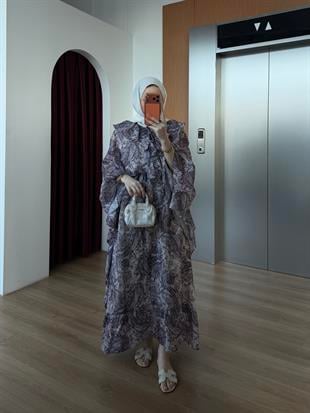 Yarasa Kol Desenli Şifon Elbise Mürdüm